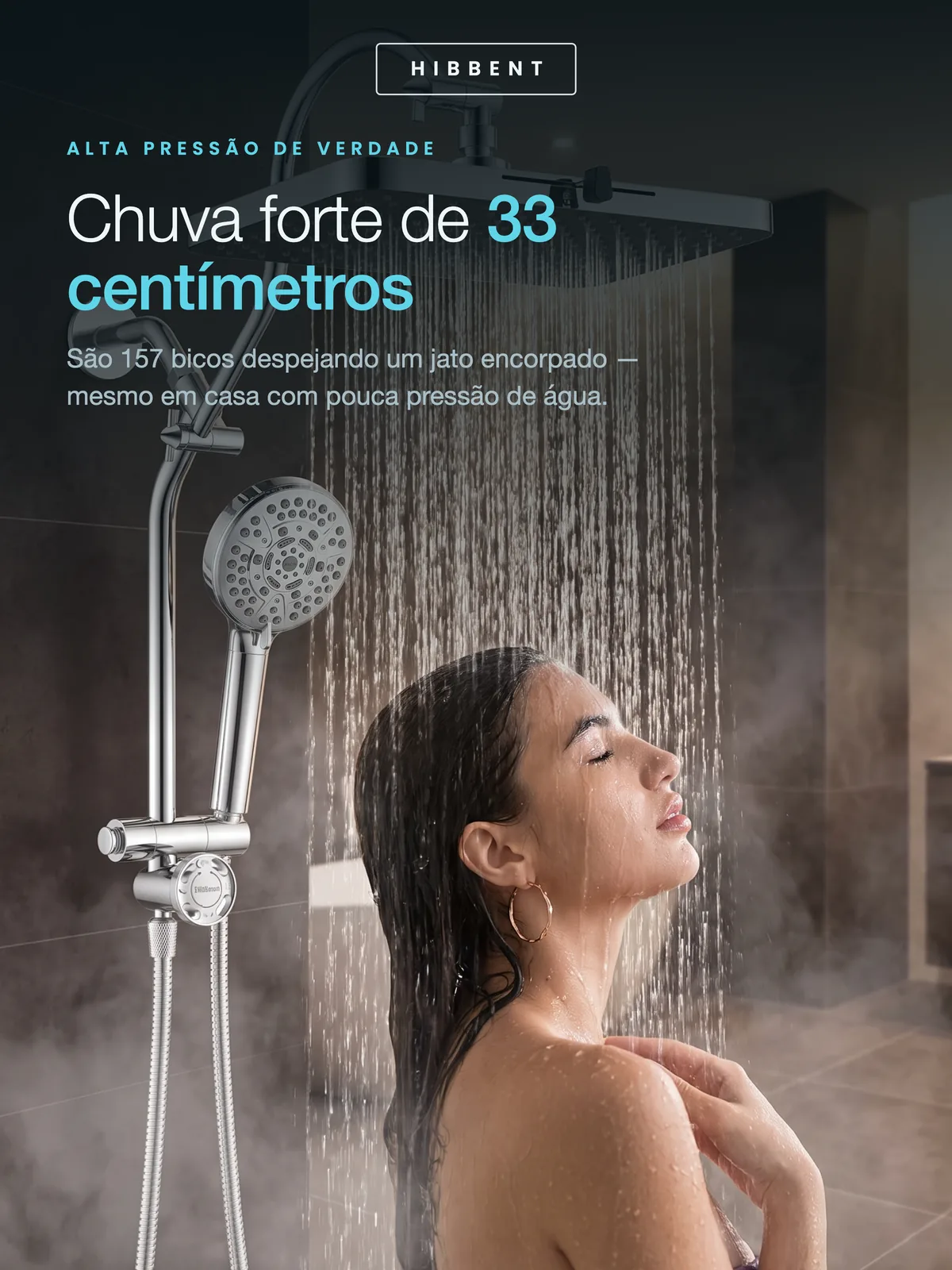 Chuva de 33 cm com 157 bicos: pressão forte mesmo onde a água é fraca